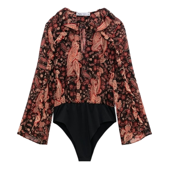 Zara Women's Paisley Semi-Sheer Ruffled Bodysuit - Picture 4 of 15